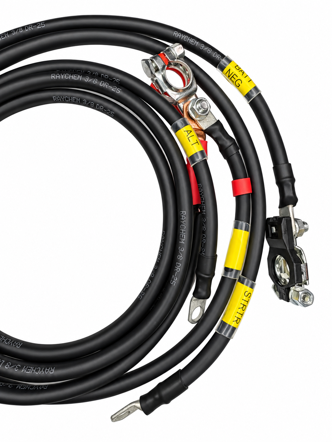 Close-up of labeled leads, ring terminals and battery terminal on the VTI Motorsports 4AWG power and ground cable kit