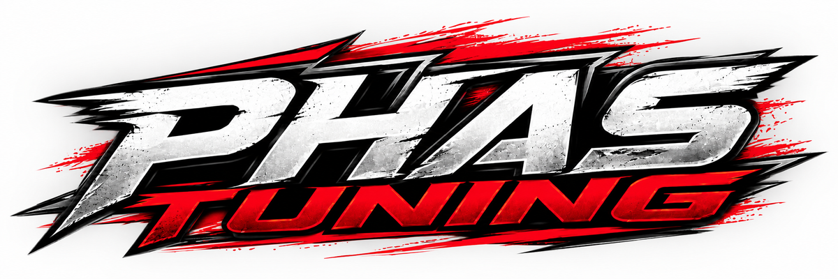 PHAS Tuning logo in metallic silver and red on a clean light background