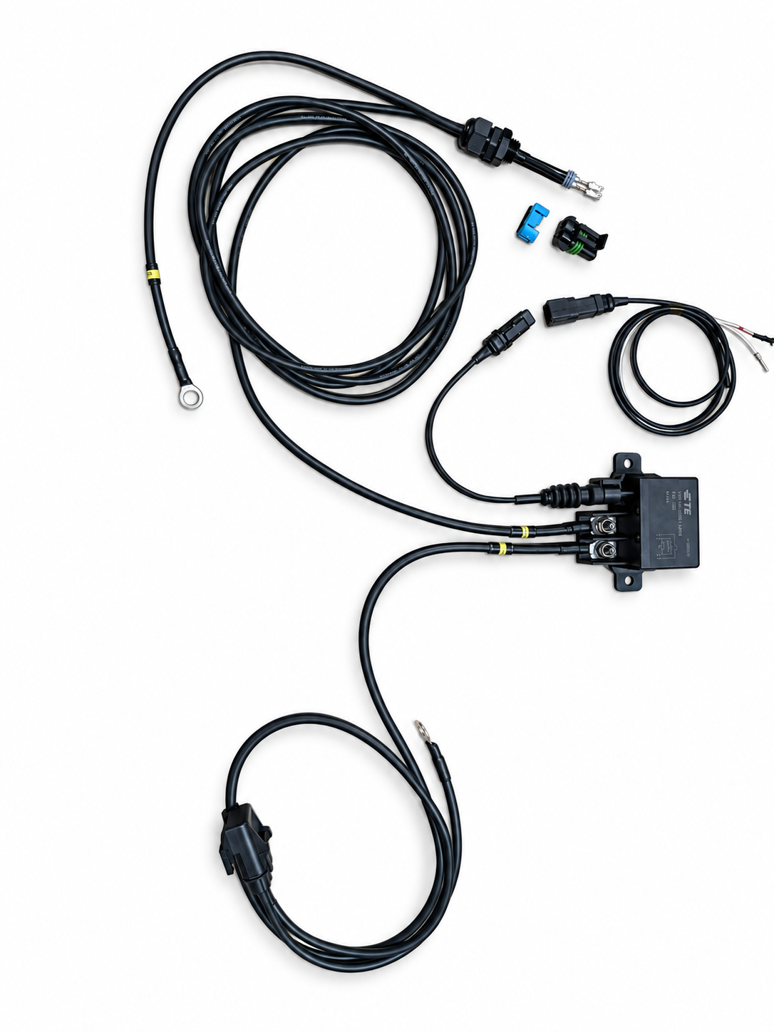 Custom VTI fuel pump relay harness example with TE relay, coiled power cables and loose pump connector components