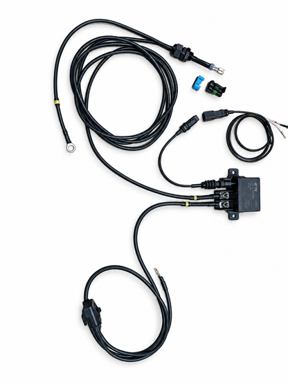Custom VTI fuel pump relay harness example with TE relay, coiled power cables and loose pump connector components