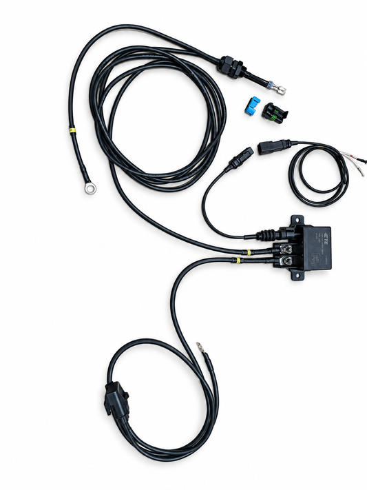 Custom VTI fuel pump relay harness example with TE relay, coiled power cables and loose pump connector components