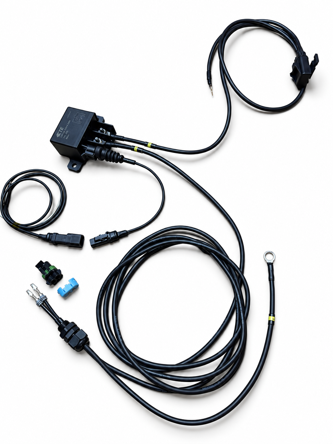 Alternate view of a custom VTI 525 fuel pump relay harness; configuration varies by order