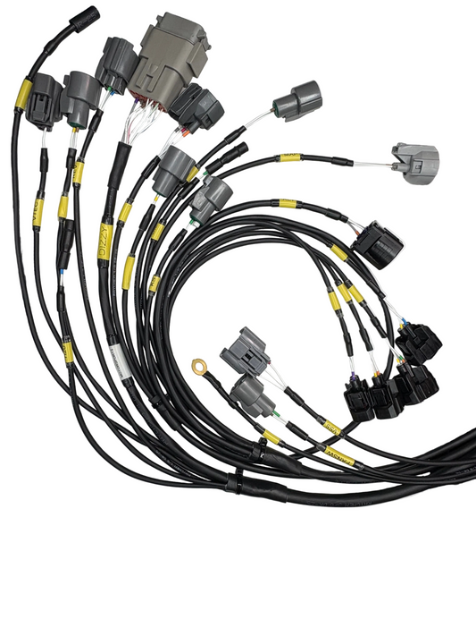 VTI Motorsports Honda H/B-series OBD1 engine loom showing engine connectors and labeled branches