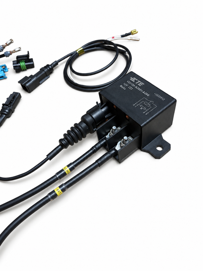 Reference custom build showing TE relay stud-and-lug power connections and separate trigger lead